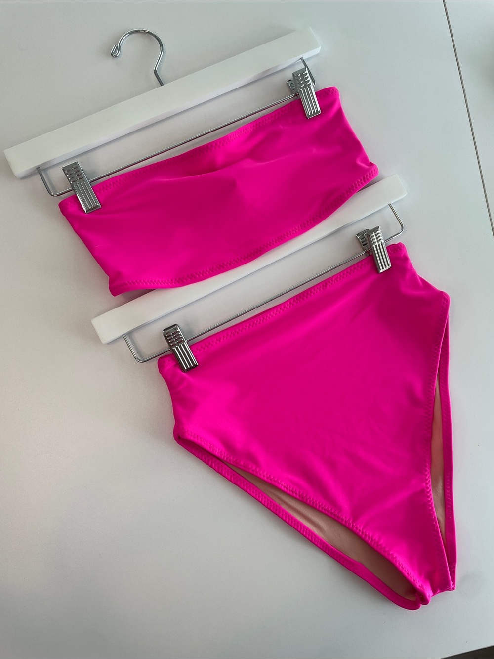 Hot Pink Strapless Bikini Set high cut and high waist